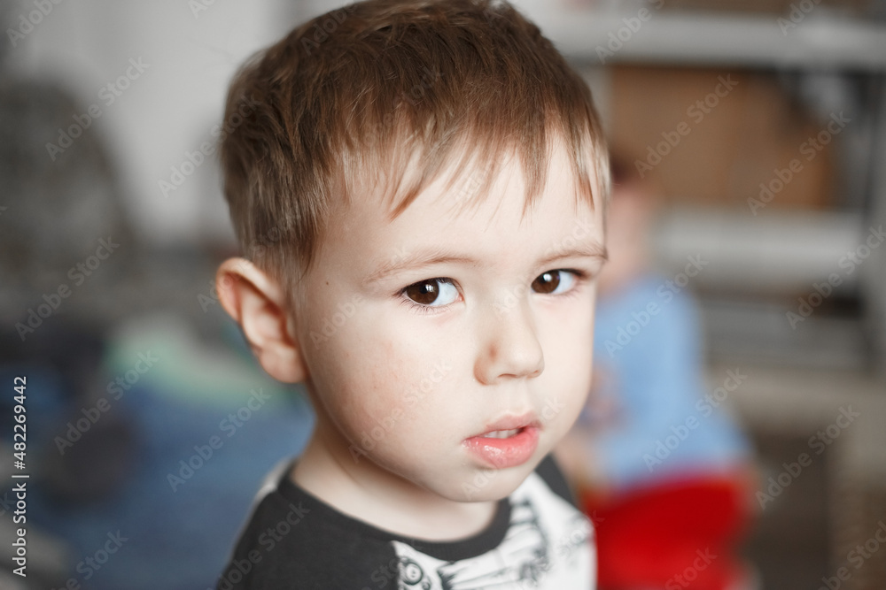 Little Caucasian boy looking at camera, lifestyle photography