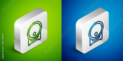 Isometric line Wooden barrel on rack with stopcock icon isolated on green and blue background. Silver square button. Vector