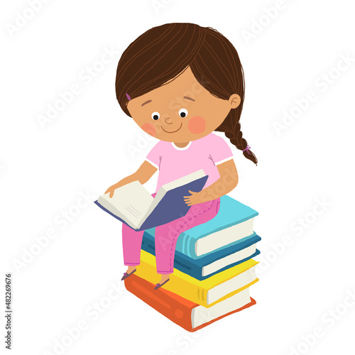 Cute little girl sitting and reading a book on stack of books, Happy pupil reading a book at a top of a books pile. Cartoon hand drawn10 illustration isolated on white in a flat style.