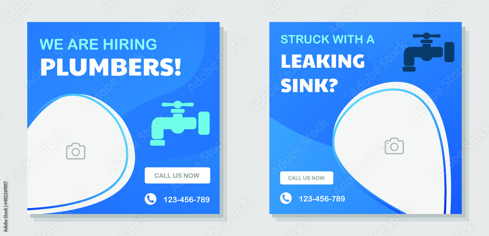 Plumbing business social media banner set, plumber job advertisement, blue colored square ad, pipes repair abstract flyer leaflet industrial concept, isolated