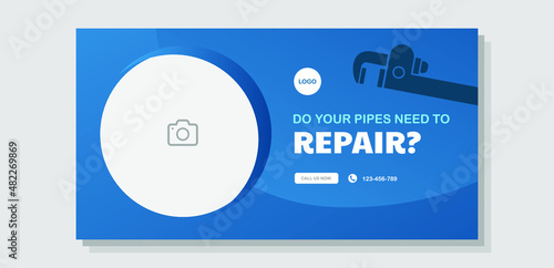 Plumbing service social media banner, plumber advertisement, blue gradient ad, pipes repair abstract flyer leaflet concept, isolated