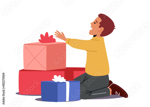 Boy Got Gift Boxes Wrapped with Bows for Birthday or Xmas. Child Character Celebration Presents, Surprise for Kid