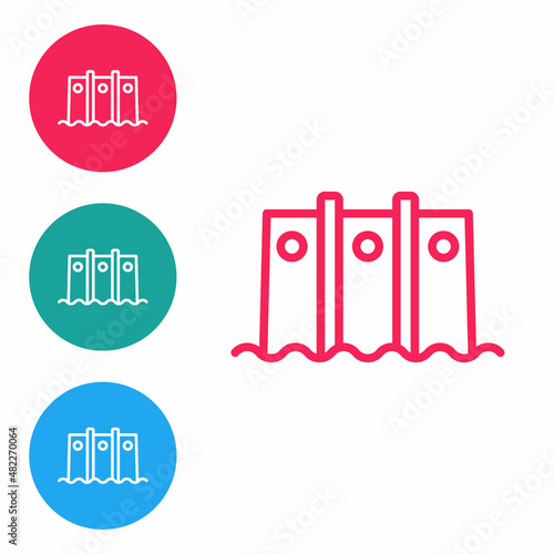Red line Hydroelectric dam icon isolated on white background. Water energy plant. Hydropower. Hydroelectricity. Set icons in circle buttons. Vector