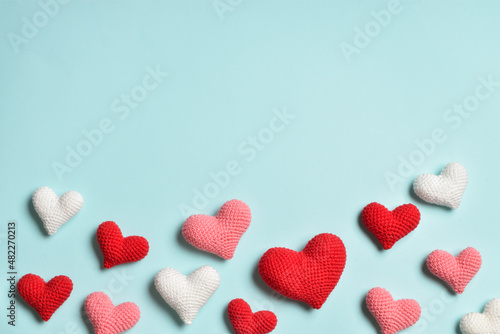 A holiday card with red hearts in the bottom . Banners for Valentine's Day. Background on February 14. A place to copy. Flat position, top view