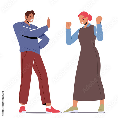 Family Quarrel, Fighting. Angry Couple Characters Arguing, Shouting, Blaming Each Other. Husband and Wife Quarreling