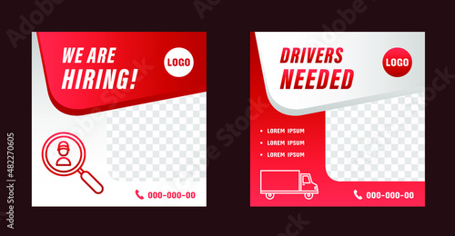Hiring drivers, social media post template set, editable promotional online advertising campaign banners, driver shortage, open job ads, cargo transport trucker needed, isolated on background