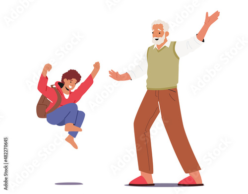 Kid Visit Granny Concept. Happy Grandfather and Grandson Character Meeting. Boy Jump of Happiness for Coming to Granddad
