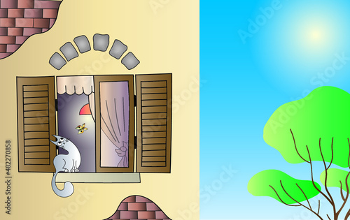 Cute cartoon cat sitting at the open window and watching a butterfly. Fragment of wall. Vector illustration for children.