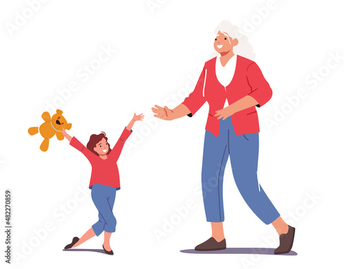 Happy Grandmother and Granddaughter Characters Meeting. Kid Visit Granny Concept, Girl Coming to Grandmom Home