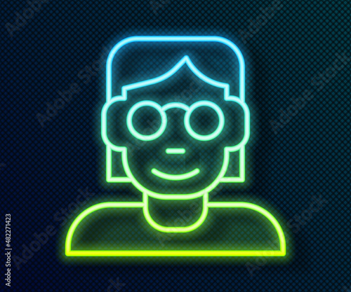 Glowing neon line Hacker or coder icon isolated on black background. Programmer developer working on code, coding, testing, debugging, analysing. Vector