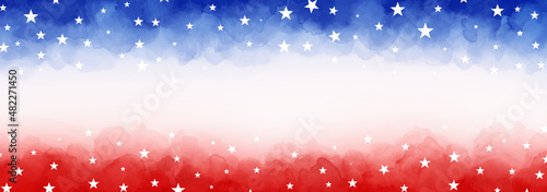 4th of July or Memorial Day background, July 4th red white and blue colors with soft faded watercolor star border texture design and blank white center, veteran's day patriotic color background