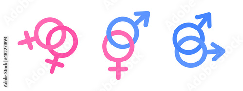 Male and female, lesbians and gays couples gender signs. Heterosexual and homosexual relationship concept. Mars and Venus symbols in different combinations. Vector flat illustration