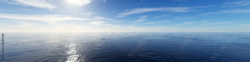 Wide panorama view of open ocean or sea with blue sky and light clouds