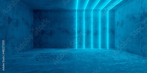 Fototapeta Naklejka Na Ścianę i Meble -  Blue vertical cyberpunk neon lights abstract background modern in concrete room with rough walls