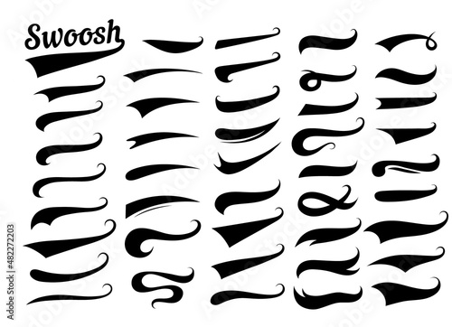 Swooshes text tails for baseball design. Sports swash underline shapes set in retro style. Swish typography font elements for athletics, baseball, football decoration. Black swirl vector line