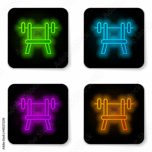 Glowing neon line Bench with barbell icon isolated on white background. Gym equipment. Bodybuilding, powerlifting, fitness concept. Black square button. Vector