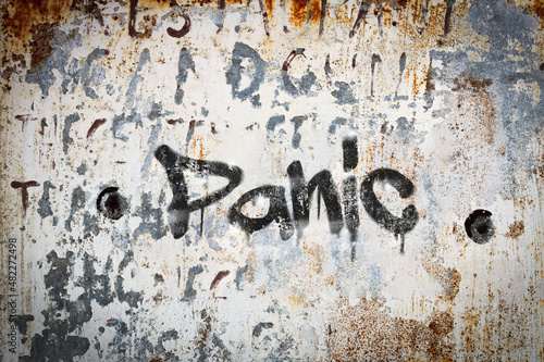 The word panic spray painted on grungy concrete background. Weather washed.