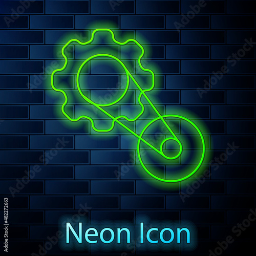 Glowing neon line Timing belt kit icon isolated on brick wall background. Vector