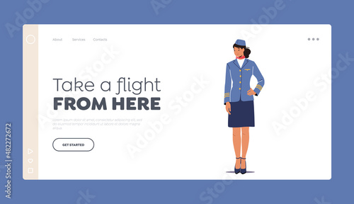 Stewardess Landing Page Template. Flight Attendant, Air Hostess Girl Wearing Blue Uniform and Cap Stand with Arm Akimbo