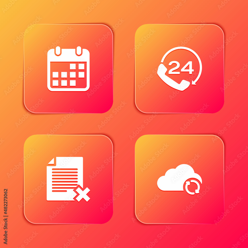 Set Calendar, Telephone 24 hours support, Delete file document and Cloud sync refresh icon. Vector Set Calendar, Telephone 24 hours support, Delete file document and Cloud sync refresh icon. Vector