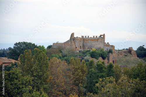 Panorama from the Belvedere terrace with the old ruined medieval public walls, on the hills, Tuscania, Tuscia, Lazio, Italy