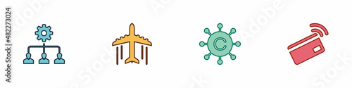 Set Lead management, Plane, Copywriting network and Contactless payment icon. Vector