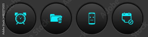 Set Alarm clock, Delete folder, Dead mobile and Calendar with check mark icon. Vector