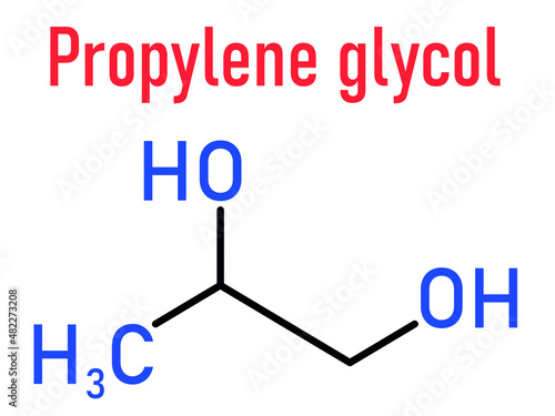 Propylene glycol or 1,2-propanediol molecule. Used as solvent in pharmaceutical drugs, as food additive, in de-icing solutions, etc Skeletal formula.