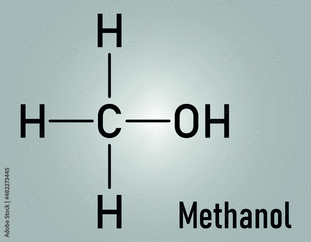 Methanol or methyl alcohol, MeOH, molecule. Highly toxic. Skeletal