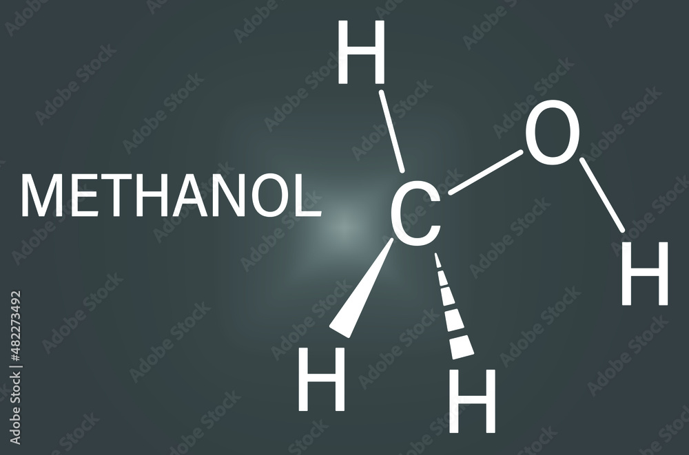 Methanol or methyl alcohol, MeOH, molecule. Highly toxic. Skeletal