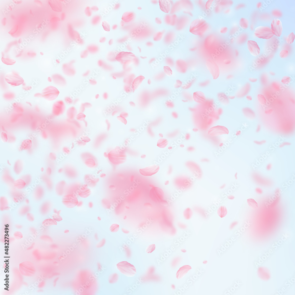 Sakura petals falling down. Romantic pink flowers gradient. Flying petals on blue sky square background. Love, romance concept. Beauteous wedding invitation.