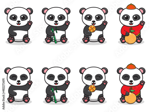 Fototapeta Naklejka Na Ścianę i Meble -  Vector Illustration of Cute cartoon Panda with siting and hand up pose. Set of cute smile Panda characters. Flat icons in cartoon style.