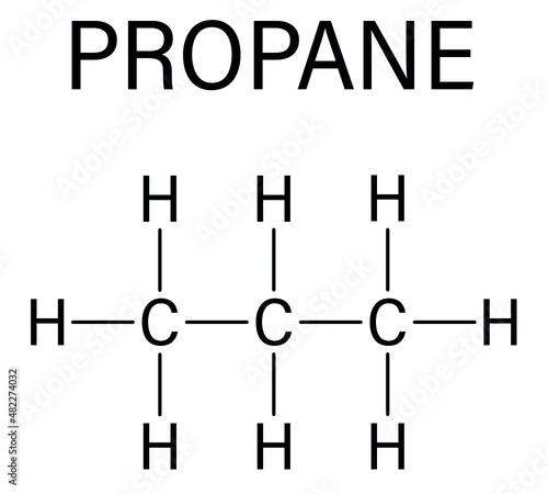 Propane hydrocarbon molecule. Alkane used as fuel in portable stoves, gas blowtorches, cars, etc. Skeletal formula.