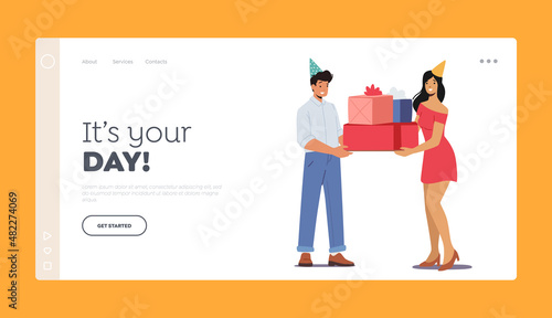 Birthday Holiday Congratulations Landing Page Template. Character in Festive Hat Greeting Happy Girl, Surprise Party