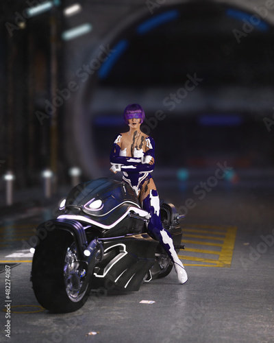 Cyberpunk woman on a futuristic motorcycle in a dark city street at night. 3D illustration.