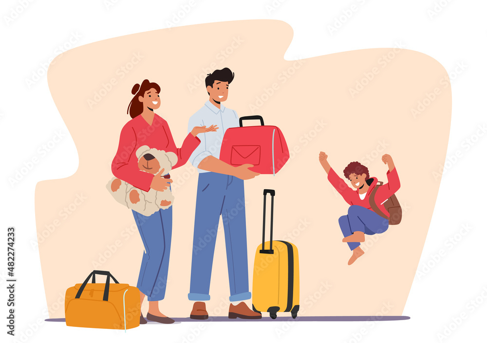 Happy Family Father, Mother and Child with Suitcases and Bags Going for Vacation or Prepare to Visit Grandparents Happy Family Father, Mother and Child with Suitcases and Bags Going for Vacation or Prepare to Visit Grandparents
