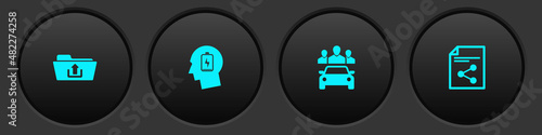 Set Folder upload, Head with low battery, Car sharing and Share file icon. Vector