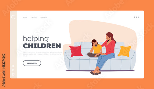 Helping Children Landing Page Template. Parent Character Support Child. Mother and Daughter Sit on Sofa in Room Speak
