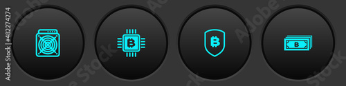 Set ASIC Miner, CPU mining farm, Shield with bitcoin and Cryptocurrency icon. Vector