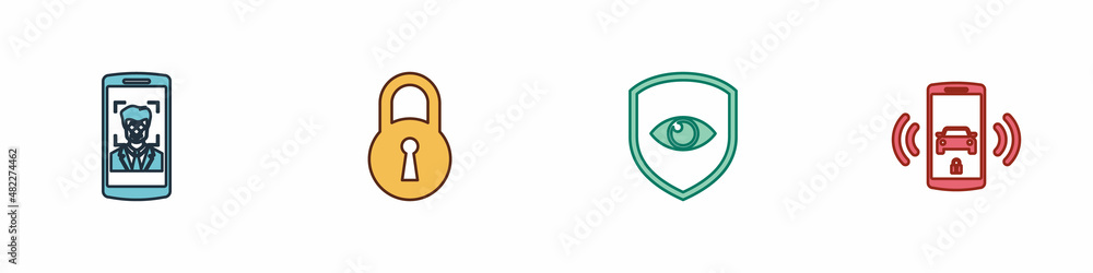 Set Mobile and face recognition, Lock, Shield eye and Smart car alarm system icon. Vector Set Mobile and face recognition, Lock, Shield eye and Smart car alarm system icon. Vector