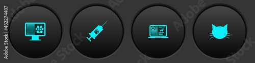 Set Clinical record pet on monitor, Syringe with vaccine, dog laptop and Cat icon. Vector