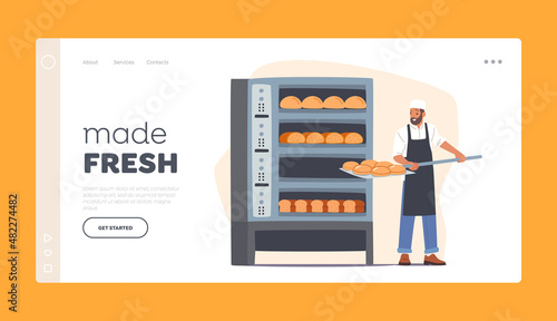 Bakery Industry, Bread Production Landing Page Template. Baker Character Put Raw Loafs to Oven for Baking, Worker Cook