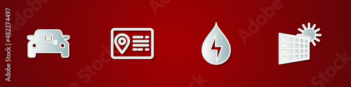 Set Hydrogen car, Address book, Water energy and Solar panel and sun icon. Vector