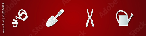 Set Watering can, Garden trowel spade or shovel, Gardening handmade scissor and icon. Vector