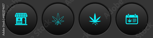 Set Marijuana and cannabis store, leaf, and Calendar marijuana icon. Vector