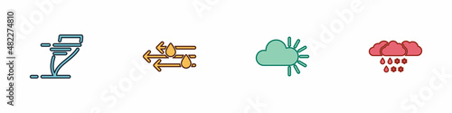 Set Tornado, Wind and rain, Cloudy and with snow icon. Vector