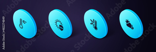 Set Isometric Thermometer and cloud, sun, with snowflake, UV protection and Meteorology thermometer icon. Vector