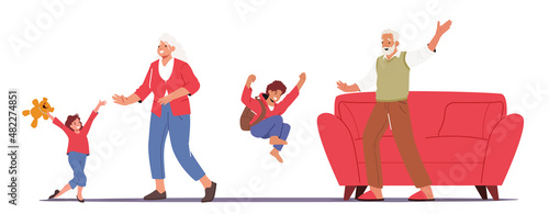 Happy Grandchildren Visiting Grandparents, Family Characters Meeting Concept. Joyous Kids Jumping, Laugh and Rejoice