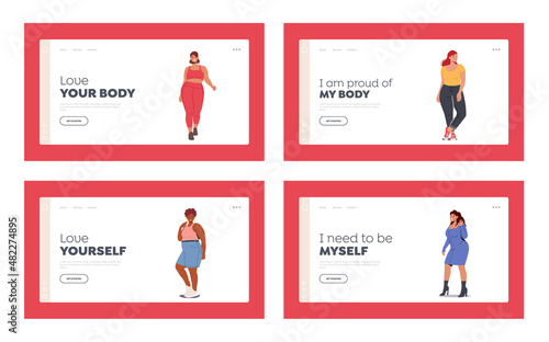 Over Size Female Characters Landing Page Template Set. Beautiful Women in Casual Clothes Dress, Shorts, Curvy Girls
