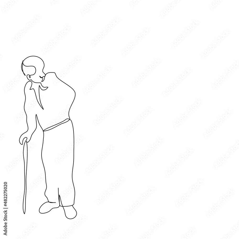 Continuous one line Of Old man standing with cane. Continue line art of Senior man Vector illustration. Continuous One Single Line Drawing Elderly man standing characters.continue line drawing of cart